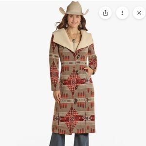 Women's Patterned Long Coat with Shearling Collar